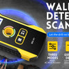A yellow wall detector scanner with a display and controls is shown against a dark background.