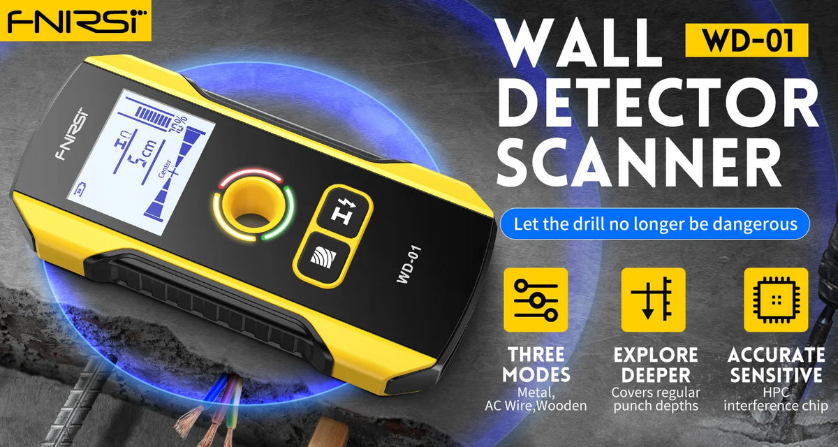 A yellow wall detector scanner with a display and controls is shown against a dark background.