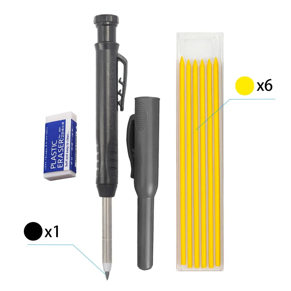 A set of six yellow pencils and one plastic eraser for drawing or crafting.