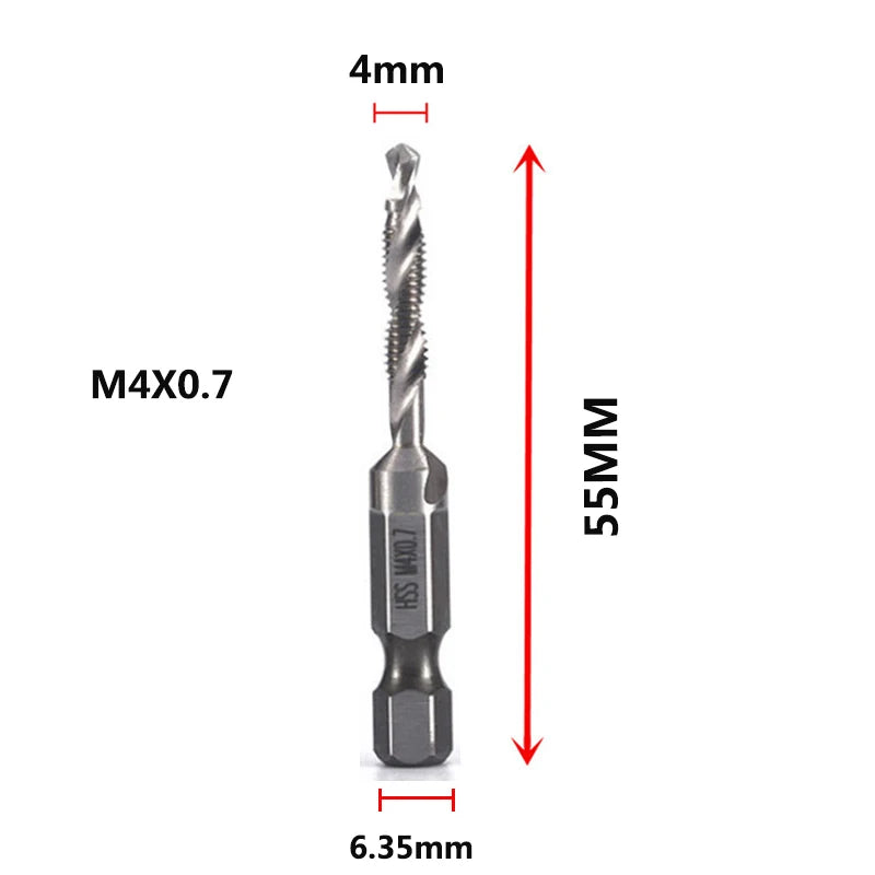 A single M4x0.7 tap and drill bit shown with dimensions 4mm, 55mm, and 6.35mm.