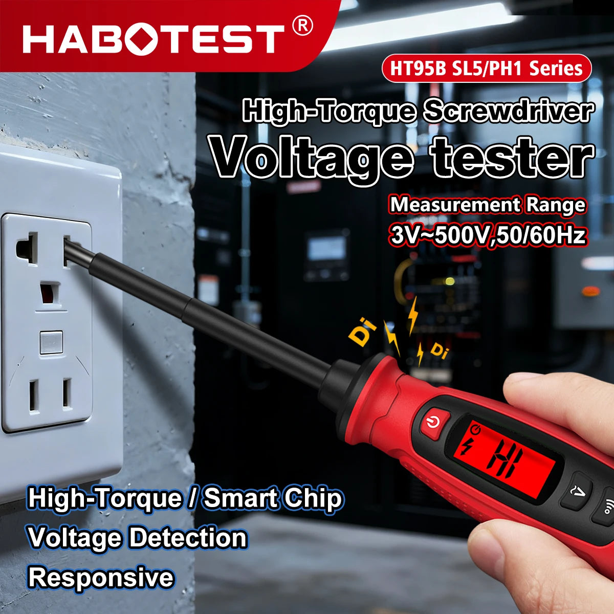 Probador de voltaje con destornillador de alto par rojo siendo usado en un enchufe eléctrico blanco.