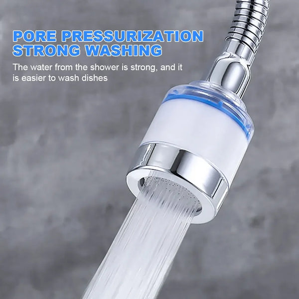 Close-up of a faucet water filter adapter with a strong stream of water flowing out.