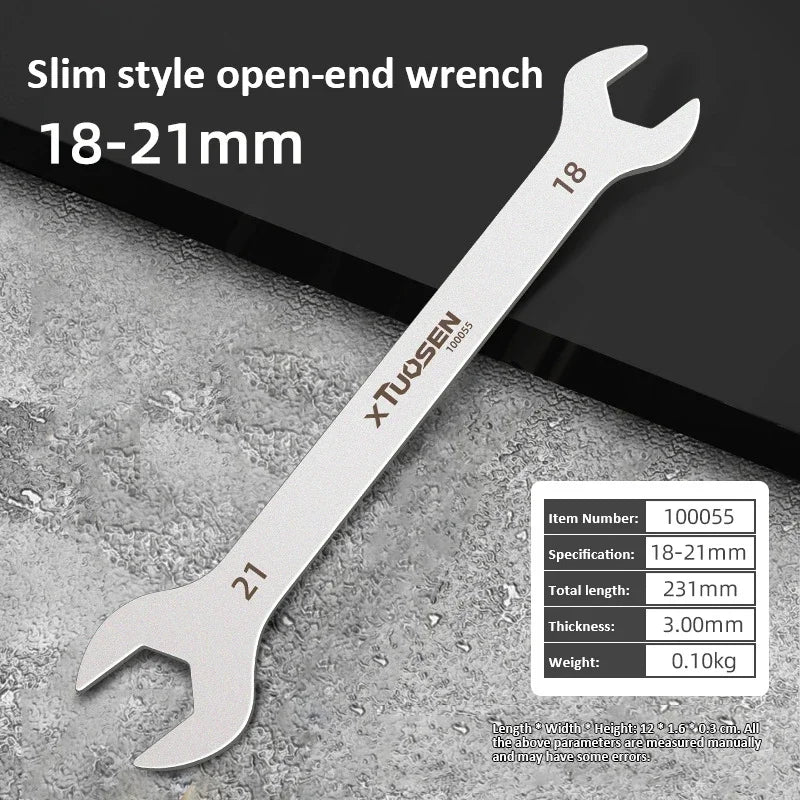 A silver slim style open-end wrench measuring 18-21mm, shown against a dark background.
