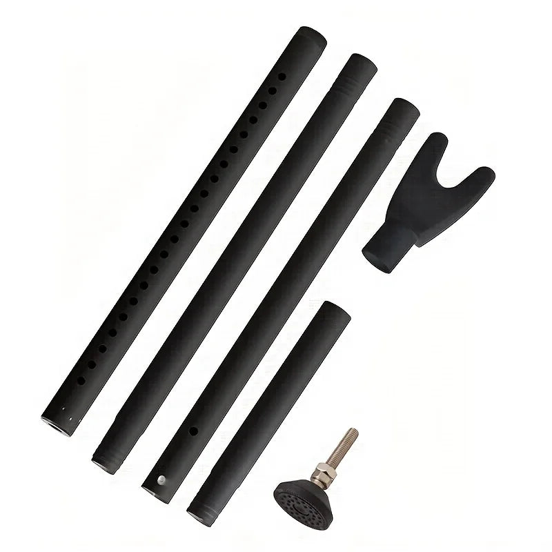 A set of black adjustable portable door security bars and a corresponding tool.