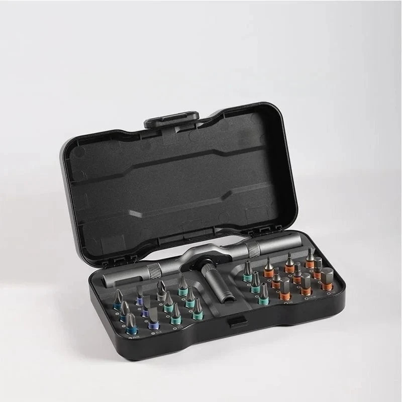 A black 24-in-1 multifunction ratchet screwdriver set with various bits and drivers displayed in an open case.