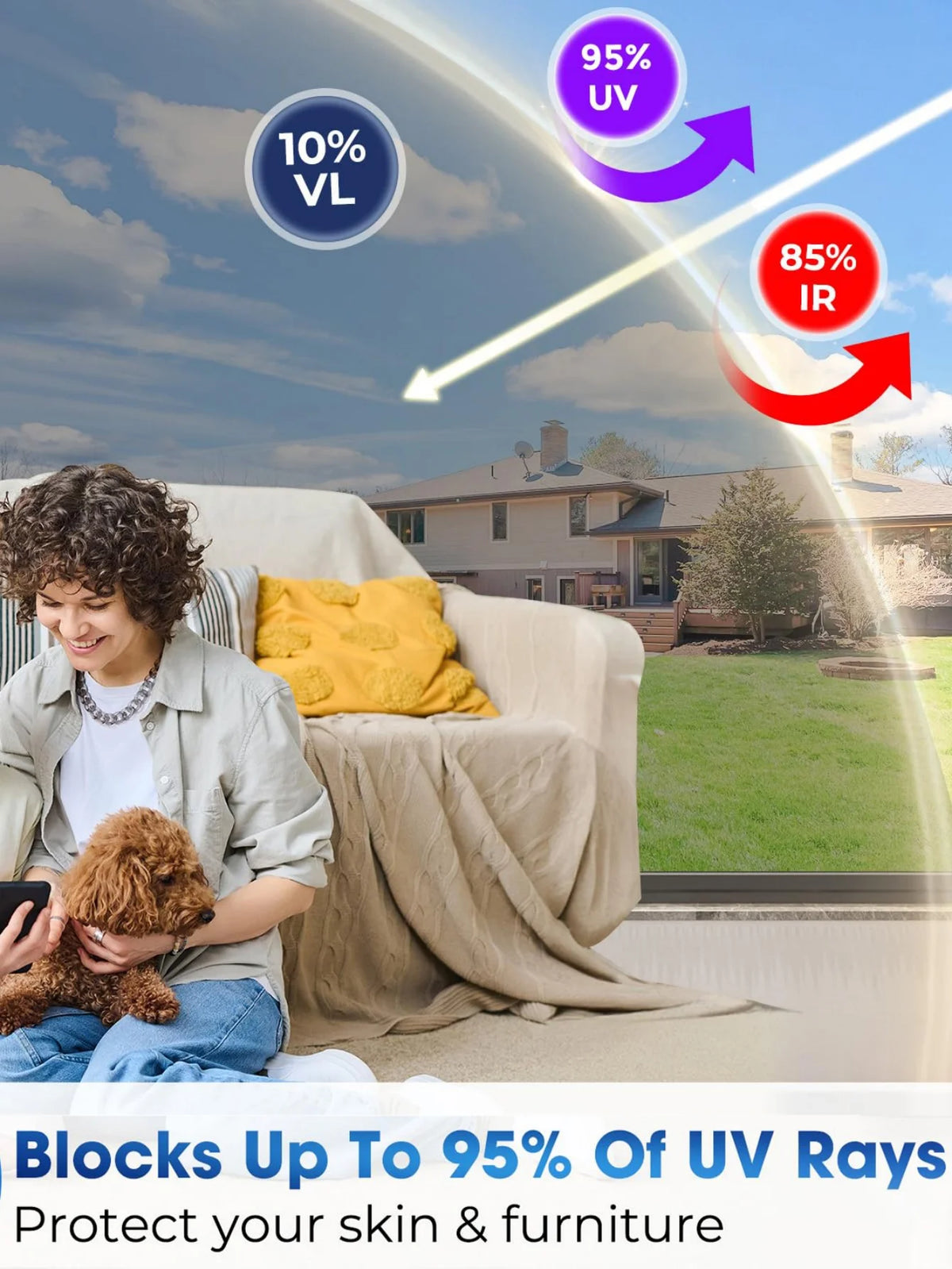 A person relaxing outdoors with a dog, demonstrating how the self-adhesive privacy window film blocks up to 95% of UV rays an