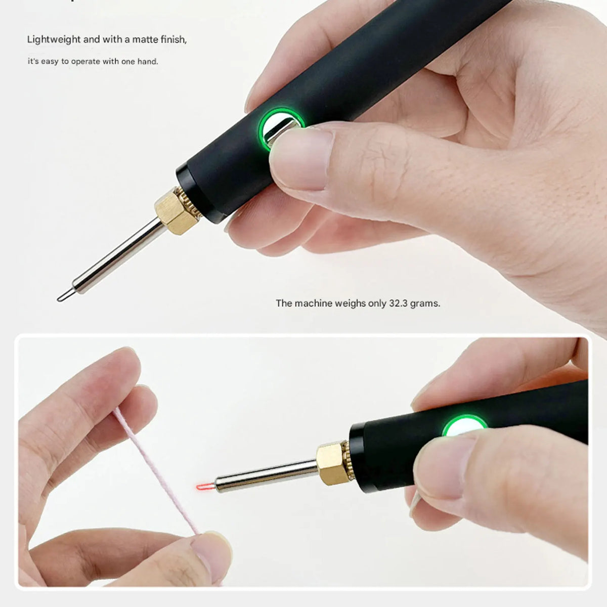 A hand holds a black portable mini soldering iron kit with a green light, showing the tip and the machine's weight.