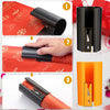 Three steps showing how to use a sliding wrapping paper cutter with red and orange paper.