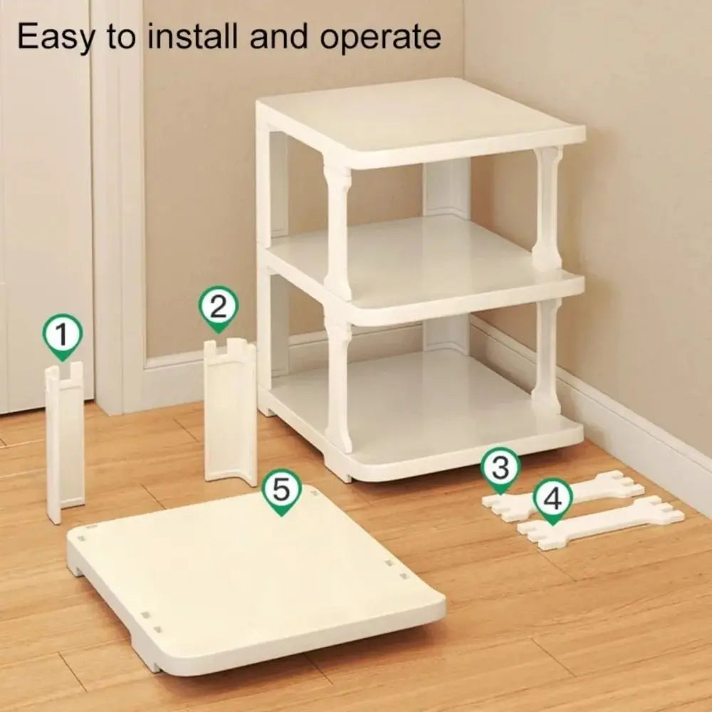 A white stackable vertical shoe rack organizer with shelves and wooden supports is shown on a floor.