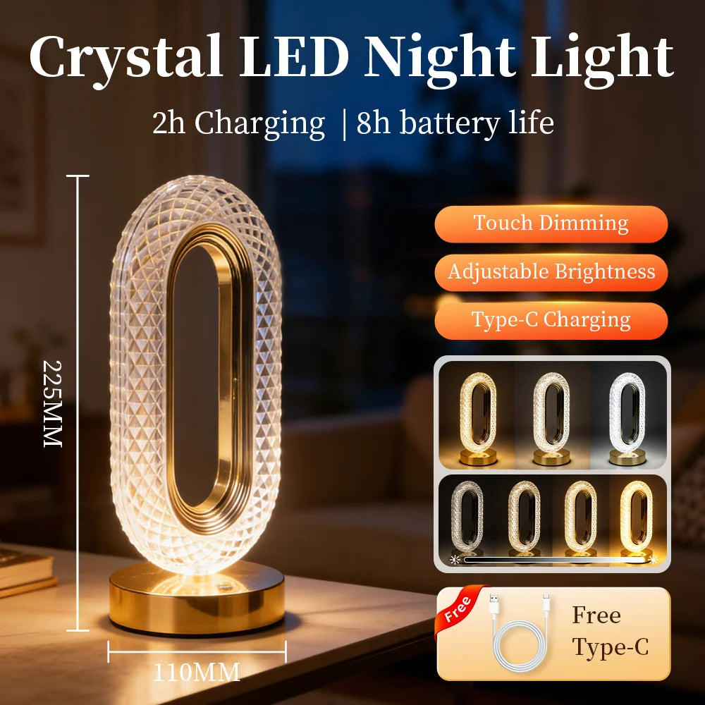 مصباح ليلي LED بلوري بقاعدة ذهبية، يوضح ميزات مثل التعتيم باللمس وشحن Type-C.