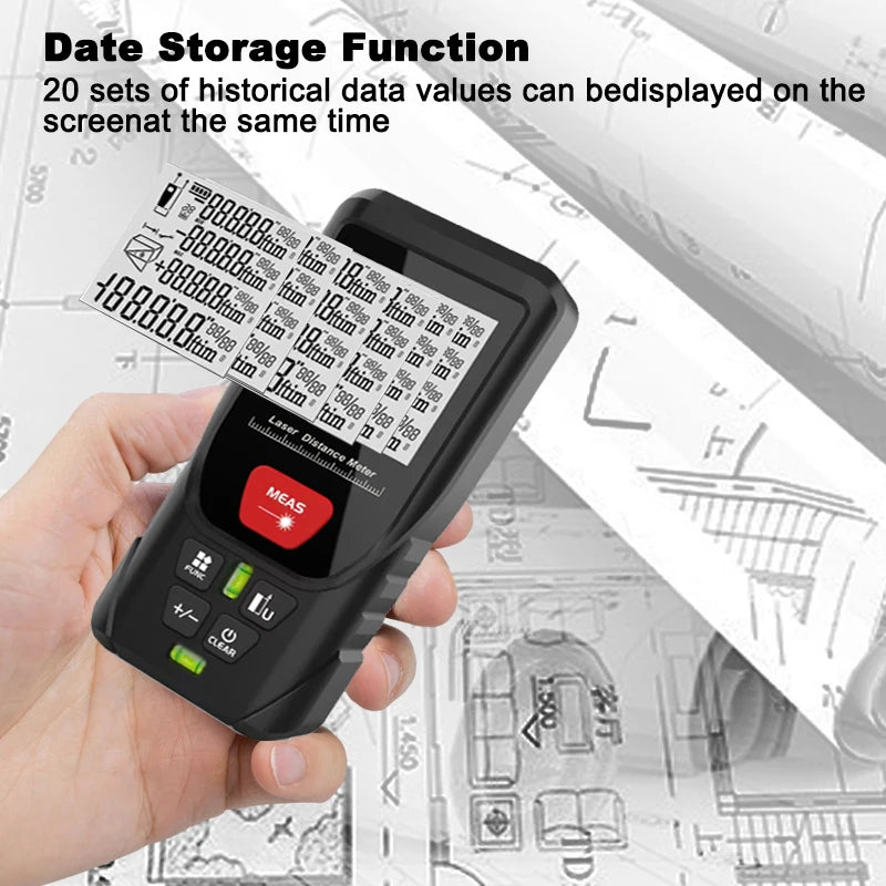 A hand holds a black laser distance meter tool displaying historical data on a technical blueprint background.