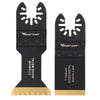 A pair of black titanium coated oscillating saw blades with wooden teeth and gold-colored bases.