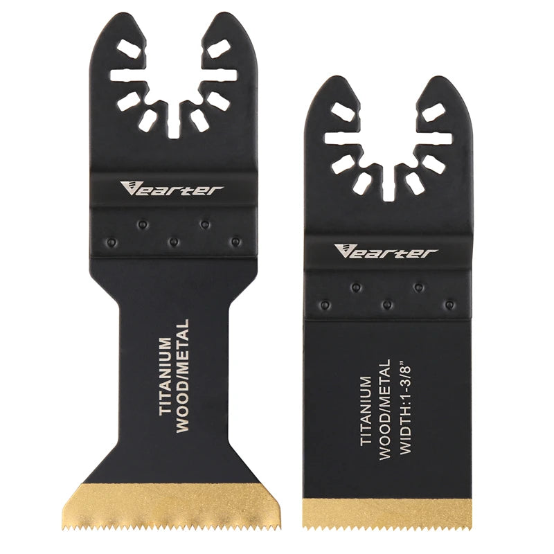 A pair of black titanium coated oscillating saw blades with wooden teeth and gold-colored bases.
