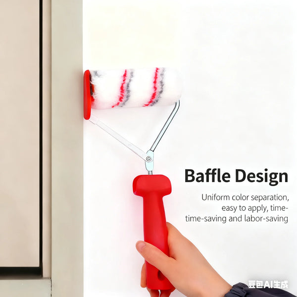 A hand is applying a red paint edging roller brush to create a baffle design on a white wall.