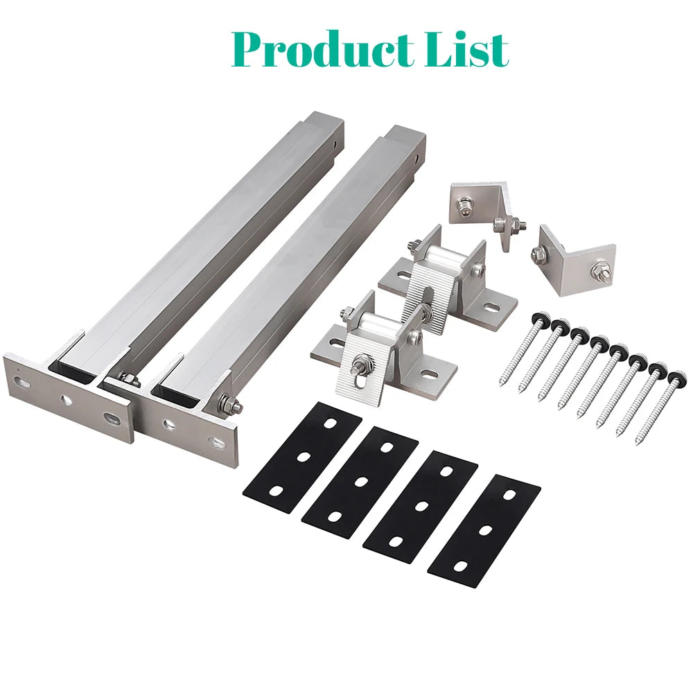 A product list showing an adjustable solar panel mounting bracket, including a long aluminum bar and various mounting hardwar