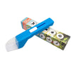 A blue handheld insect catcher tool next to its packaging box featuring insect illustrations.