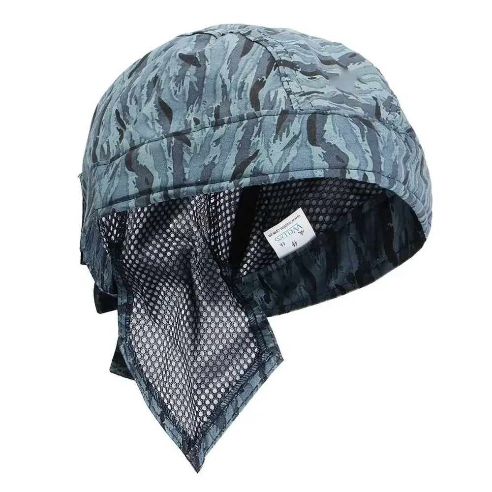 A dark gray camouflage welding and work cap with a mesh face protection liner.