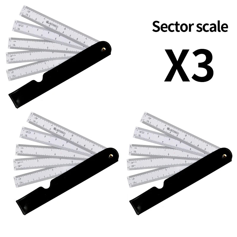A black precision triangular scale ruler with an X3 sector scale marked on the transparent drafting ruler.
