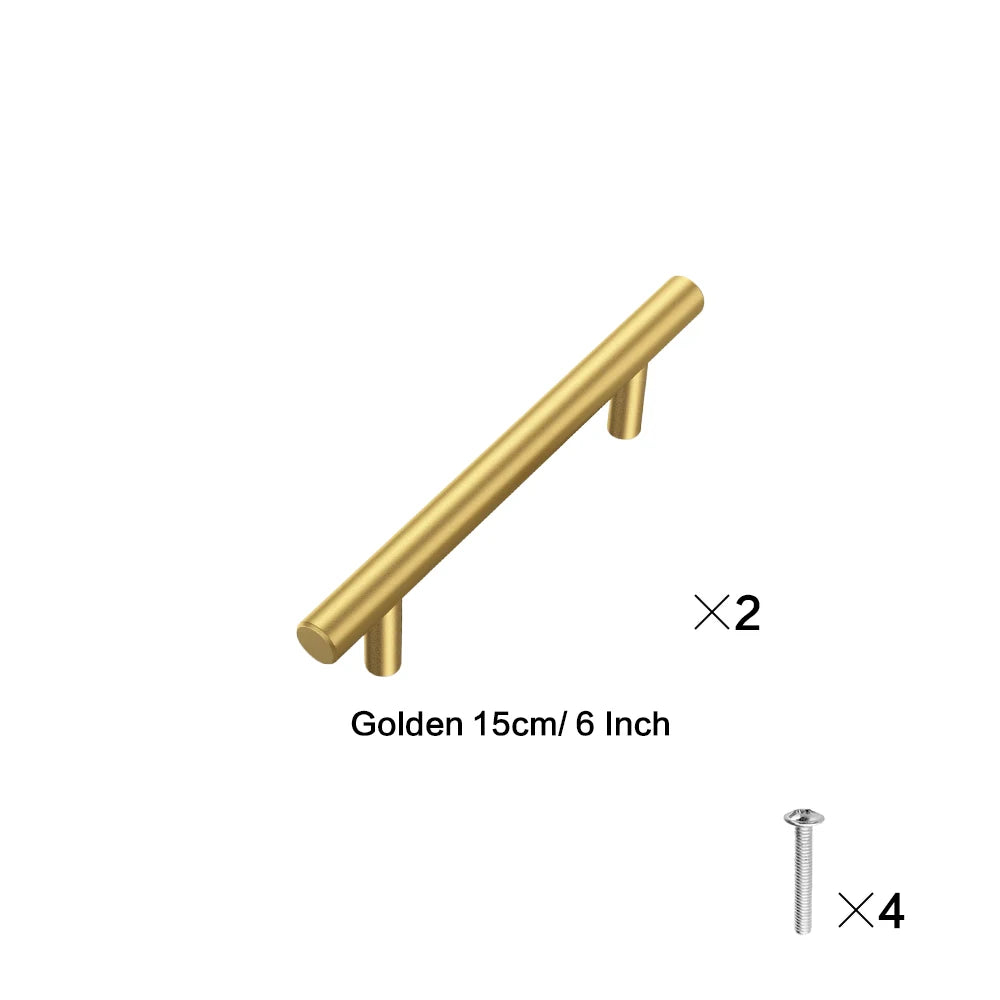 Two golden cabinet handles and four screws shown for installation.
