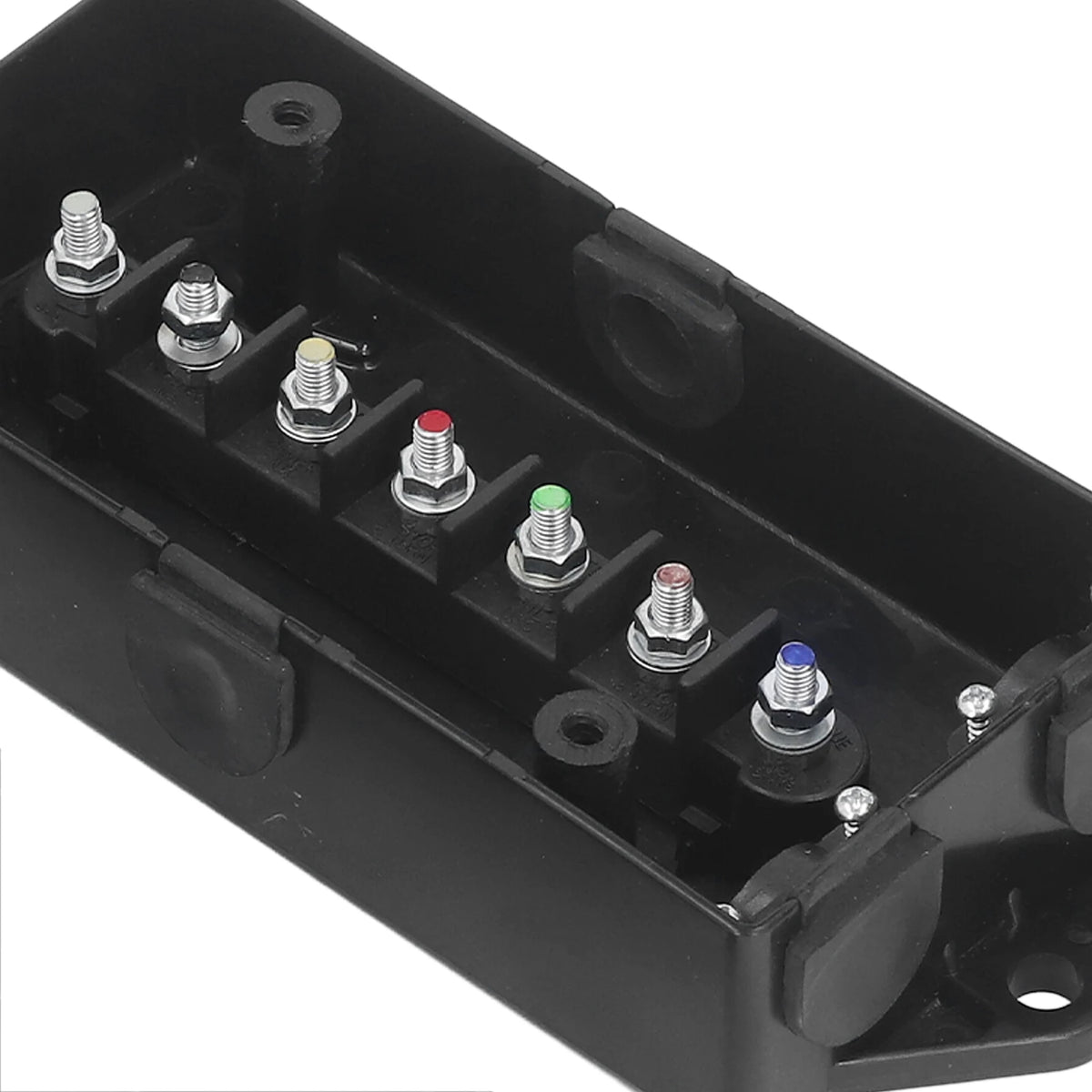 A black distribution block with seven threaded posts for waterproof power connectors.