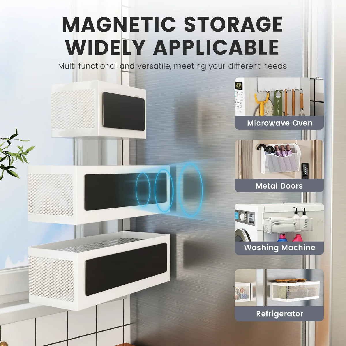 Magnetic storage rack for kitchen appliances like microwaves, metal doors, washing machines, and refrigerators
