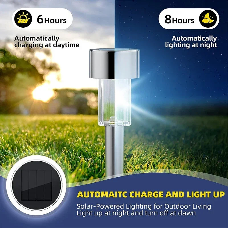 A silver solar garden path light fixture mounted on a pole, set against a green lawn and a twilight sky.