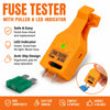 Orange fuse tester tool with puller and LED indicator showing a green light, next to a disassembled fuse.