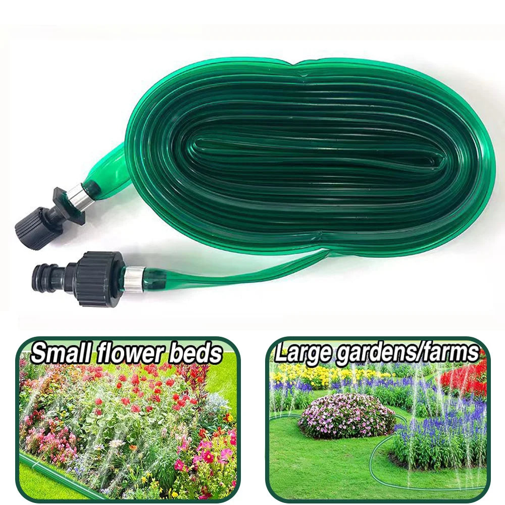 Green multi-directional soaker hose for garden irrigation used in small flower beds and large gardens