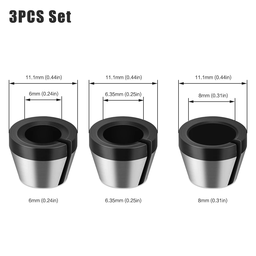 A 3PCS set of precision router collet nuts in silver and black finishes, showing different diameters.