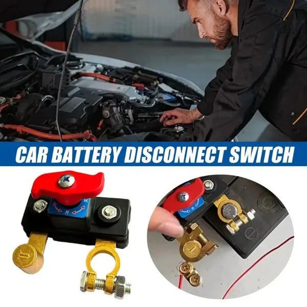 A close-up view of a red and black dual voltage battery disconnect switch with brass terminals.