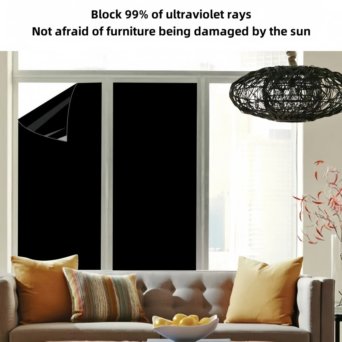 A black opaque self-adhesive window film is shown covering a window, with furniture and sunlight protected.