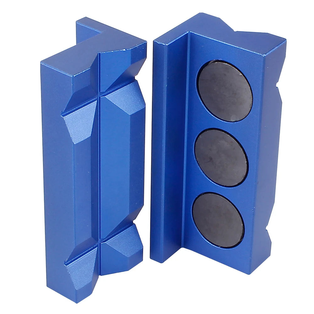 Two blue aluminum magnetic vise jaw inserts with slotted openings for fitting protection