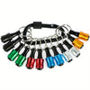 Twelve screwdriver bits with hex shank and colored handles are held in a carabiner loop.