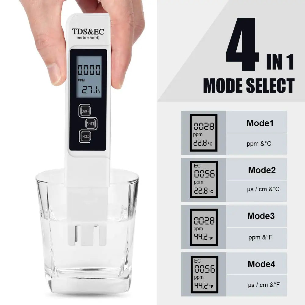 A hand holds a white digital water quality tester with a clear glass container below it, showing four different measurement m