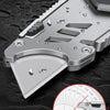 Close-up view of an aluminum alloy tool holder designed to prevent rust on a folding utility knife blade.