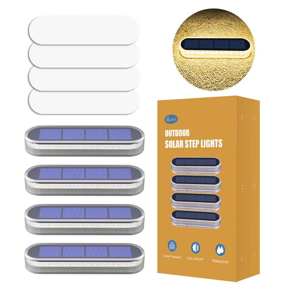 Ein Satz Outdoor-Solar-Treppenlichter in verschiedenen Konfigurationen und Verpackungen.