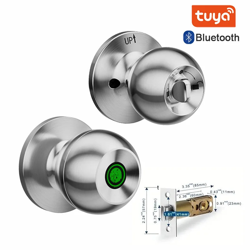 A silver biometric fingerprint smart door lock with a key cylinder and mounting plate.