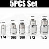 A set of precision socket wrench adapters with various sizes including 1/4, 3/8, and 1/2 inch drive sizes.