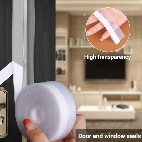 Hand holding a roll of clear silicone weather stripping seal tape used for door and window seals.