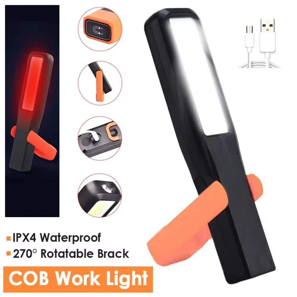A black portable LED work light with an orange grip, showing various features and usage angles.