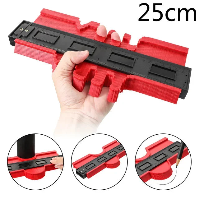 A hand holds a red profile contour gauge for woodworking and crafting, showing its dimensions and components.