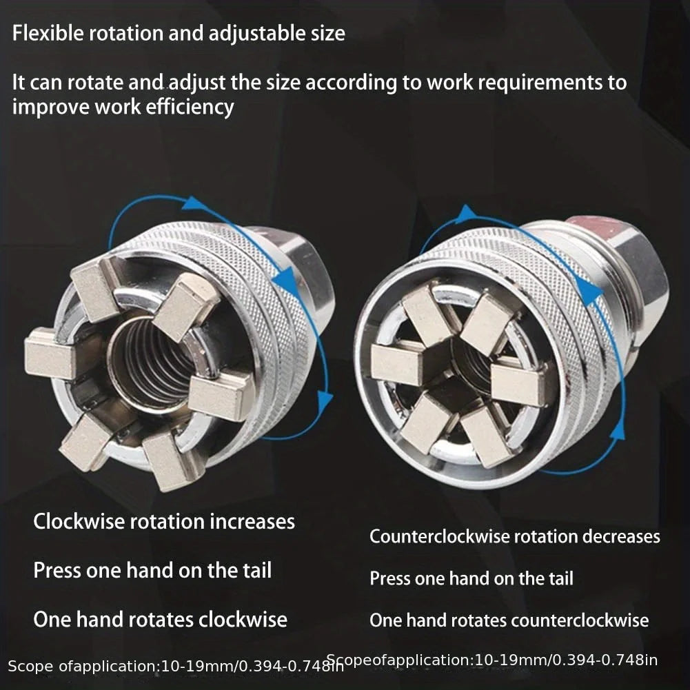 A close-up view of a flexible rotation and adjustable size tool showing clockwise and counterclockwise rotation features.