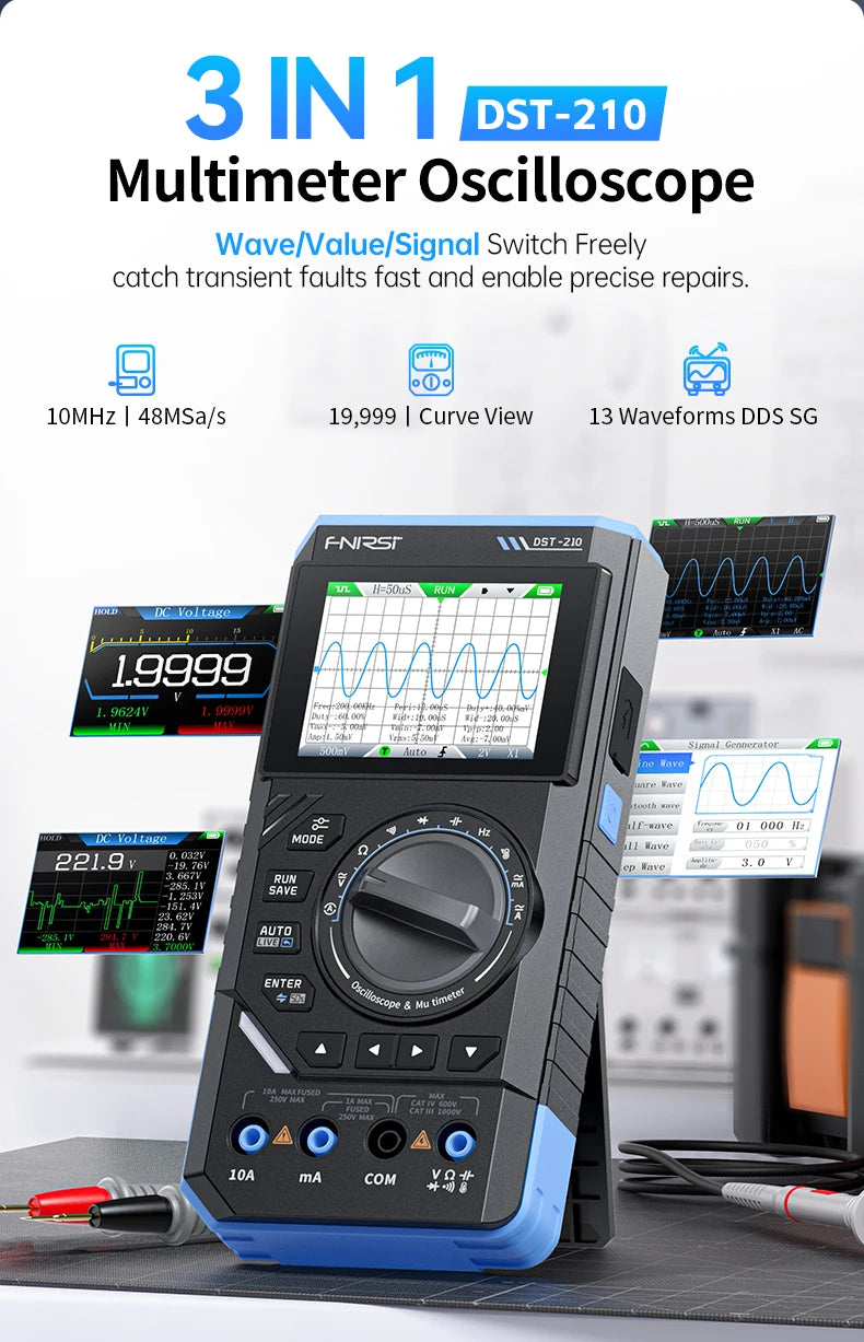 A black FNIRST DST-210 3-in-1 multimeter oscilloscope is shown with various test leads and a multimeter probe on a dark surfa