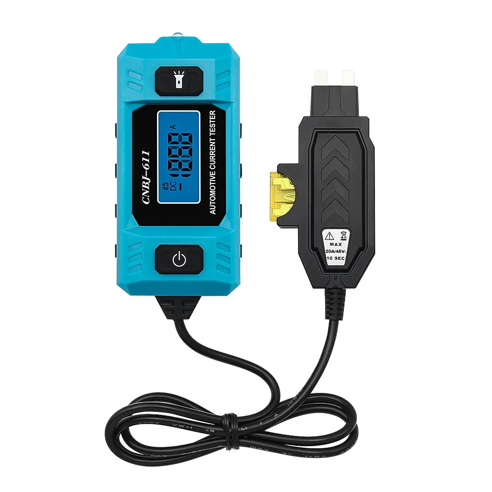 A blue automotive current tester device with a black cable is shown.