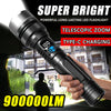 A hand holds a super bright telescopic zoom LED flashlight with a digital display and Type-C charging port.