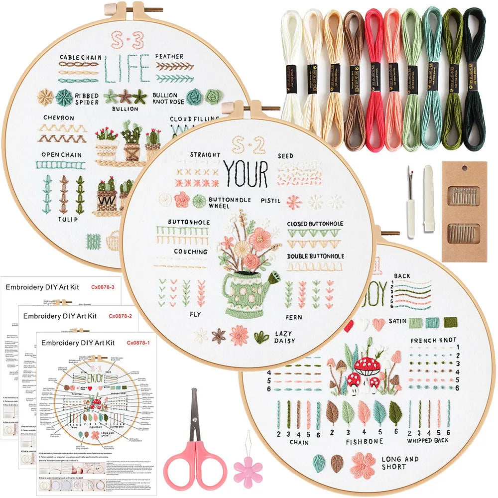 A collection of embroidery kits featuring various stitches like Life, Straight, and Your, including threads, needles, and pra