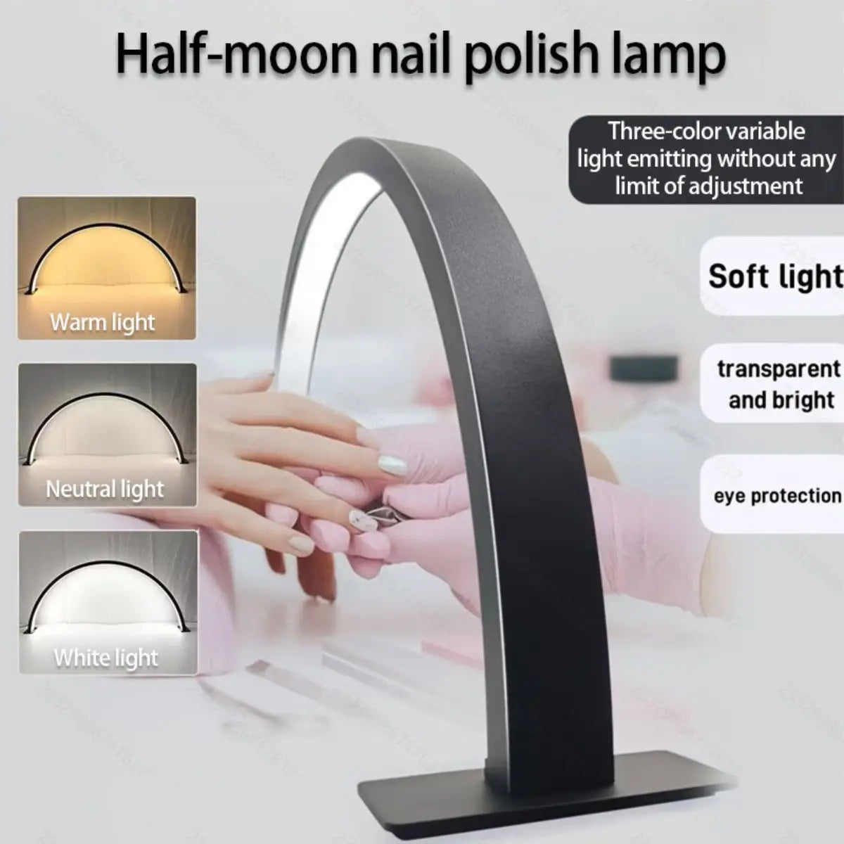 Halbmond-Nagellacklampe mit drei Lichtoptionen: warm, neutral und weiß.