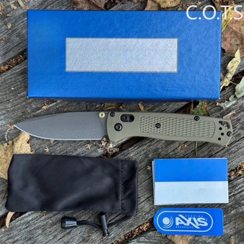 A lightweight folding pocket knife with a blue box, black sheath, and a blue and white card.