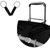 Black adjustable luggage strap carrier belt with silver buckles and a handle.