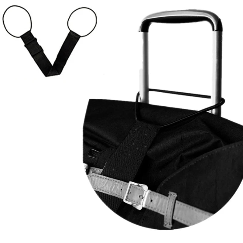 Black adjustable luggage strap carrier belt with silver buckles and a handle.